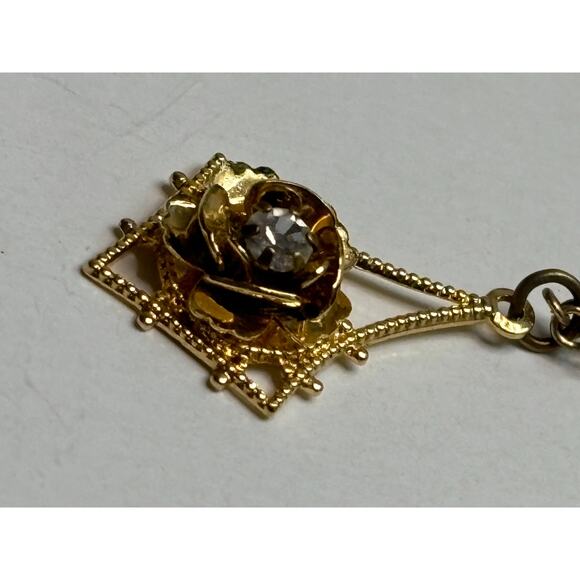 Vintage Edwardian Style Lavalier Pendant Necklace Rhinestone Gold Tone Delicate - Picture 6 of 6